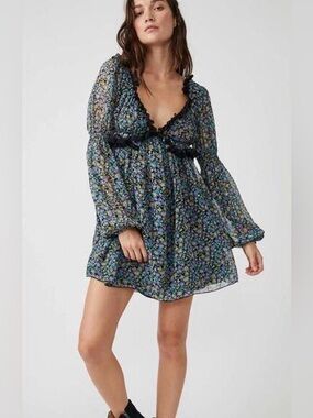 Free People Pennie Babydoll Mini Dress in Black NWOT Small MSRP $138